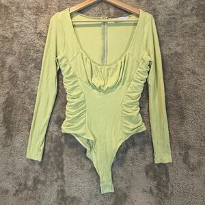 Saints + Secrets Green Ribbed Shirred Bodysuit Long Sleeve Top L Large